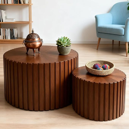 Round Nesting Coffee Table Set of 2, Round Fluted Coffee Tables for Living Room Modern Nesting End Side Tables for Small Spaces (D Brown)