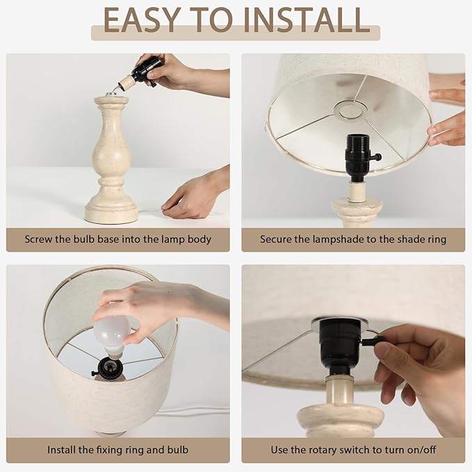 Seealle Farmhouse Table Lamps Set of 2 - Rustic Lamp for Bedroom Living Room, 22" Boho Bedside Lamps for Night Stands End Table Office Desk Lamp Nightstand Clearance with Linen Shades(Antique White)