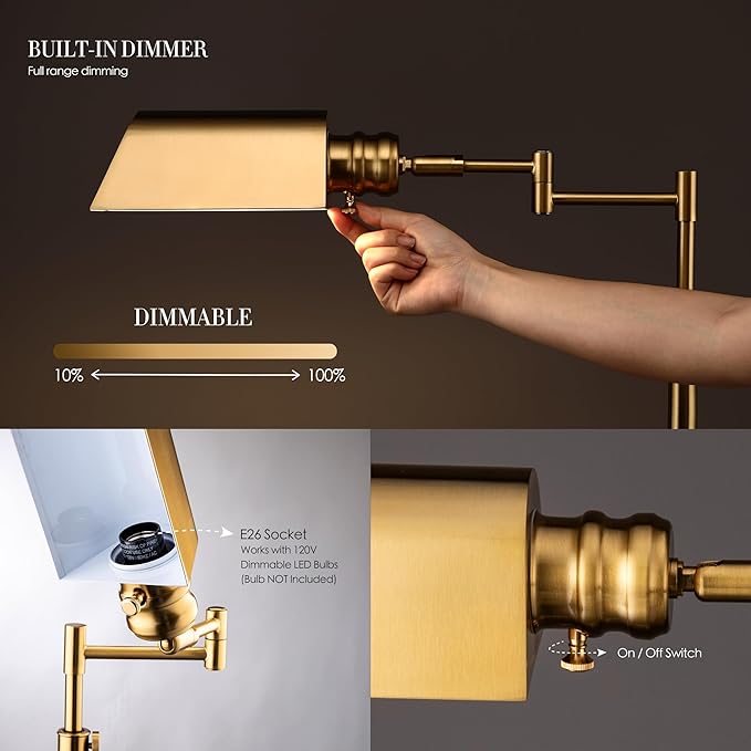 O’Bright Arcadia - Pharmacy Floor Lamp, Full Range Dimming, Swing Arm Task Lamp, E26 Socket, Bulb Replaceable, Adjustable Height 47” to 55”, 360° Rotatable Shade, All-Metal Design, Antique Brass