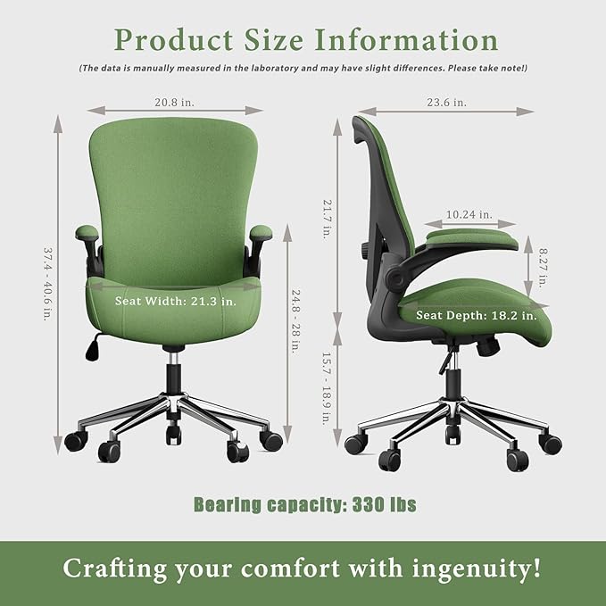 Green Ergonomic Office Desk Chair, Soft Fabric Thickened Curved seat Cushion with Adjustable Lumbar Support, Perfect Blend of Comfort and Good Looks, Ideal Chair for Home or Office, Green