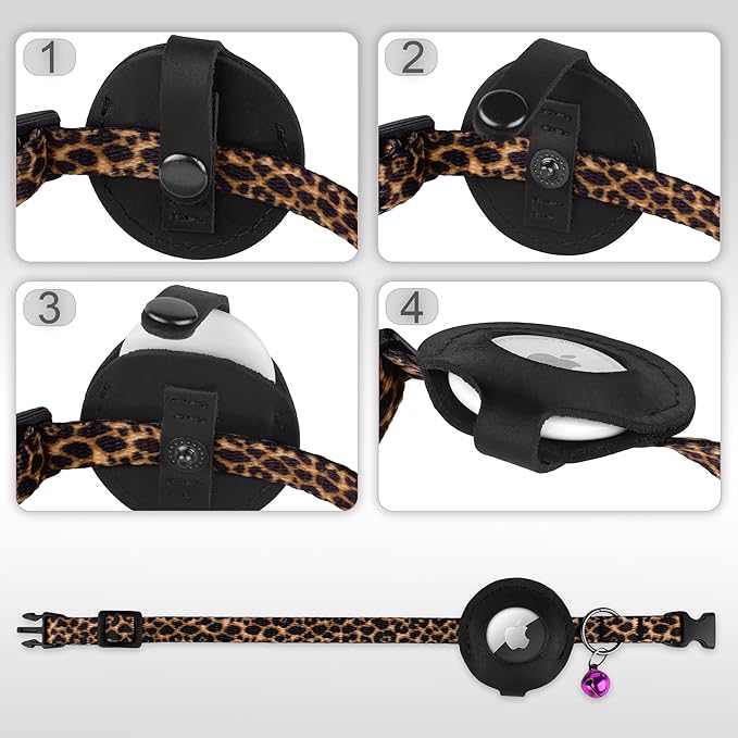 Airtag Cat Collar with Bell - Non Breakaway Soft Pet Collar with Leather Air Tag Holder - Adjustable GPS Anti-Lost Collars for Girl Boy Cats Kitten Puppies, Lightweight and Patterned (Leopard)