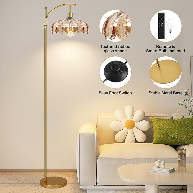 Gold Arc Floor Lamp for Living Room with Remote,Dimmable Modern Floor Lamps with Amber Glass Shade,Unique Vintage Flower Standing Tall Lamp,Mid Century Floor Lamps for Bedroom Office Corner