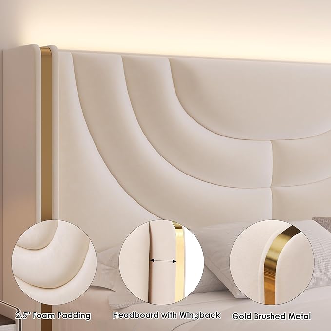 HITHOS Full Upholstered LED Bed Frame with 2 Storage Drawers, Velvet Platform Bed with Wingback Headboard, Solid Wooden Slats Support, No Box Spring Needed, Headboard Splicing Design, Beige