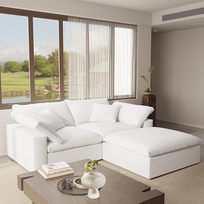 Modular Sectional Cloud Sofa Couch,L Shape 2 Seaters with Chaise Modern Down Filled Sofas Detachable Couch Cushion Covers Couches for Living Room Office Apartment,White