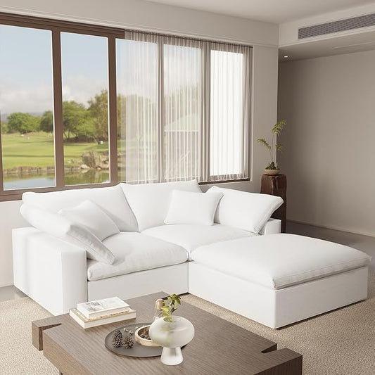 Modular Sectional Cloud Sofa Couch,L Shape 2 Seaters with Chaise Modern Down Filled Sofas Detachable Couch Cushion Covers Couches for Living Room Office Apartment,White