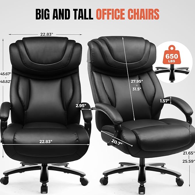 COMHOMA Big and Tall Office Chair 650lbs Ergonomic Office Chair 6 Gear Adjustable Headrest Swivel Rocking Home Office Desk Chairs Leather High Back Executive Office Chairs with Thickened Armrests