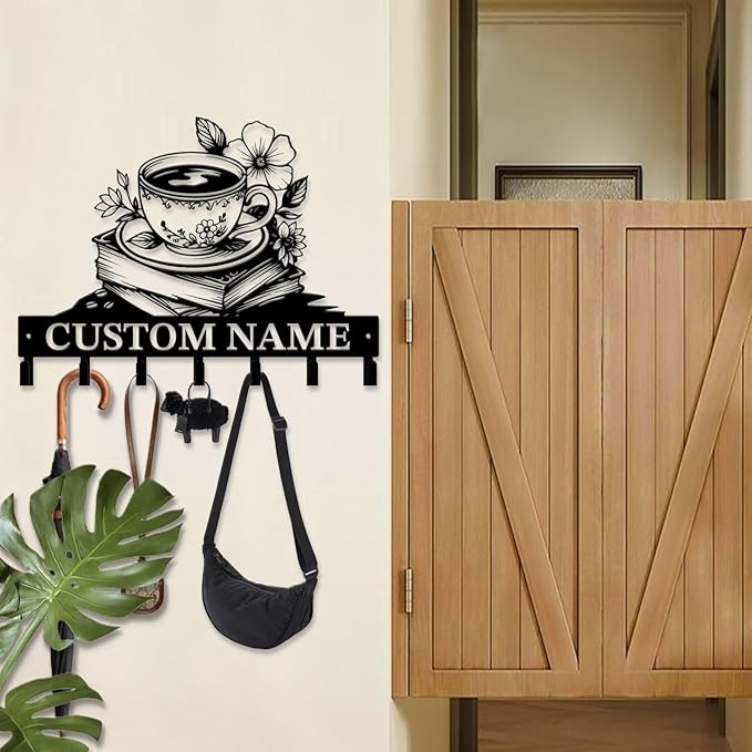 Coffee Bar Keys Holder - Metal Iron Wall Hooks with Custom Name | Personalized Home Decor & Gift Idea | Coffee-Themed Text Engraving Design (Style C)