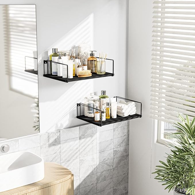 SRIWATANA Wide Floating Shelves, Rustic Wood Wall Shelves Set of 2, Wall Mounted Shelves with Large Capacity for Many Rooms Decor, Black