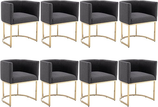 Linen Fabric Dining Chairs Set of 8 Modern Barrel Arm Chairs with Black Frame, Upholstered Kitchen Chairs 18.5" Wide Accent Chairs for Living Room Dining Room Restaurant, Charcoal