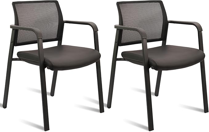 CLATINA Stackable Office Chair, Mesh Back Guest Chairs with Comfortable Leather Seat Arms Stacking Ergonomic Desk Chair No Wheels for Conference Waiting Reception School Stationary, Black, Set of 2