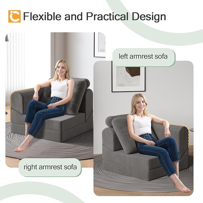 COMAX Folding Sofa Bed, 8-in-1 Foldable Floor Couch Corduroy Convertible Futon Sofa, Fold Out Chair Bed Sleeper Mattress Comfy Portable Lounge Loveseat Guest for Living Room Bedroom, Dark Grey