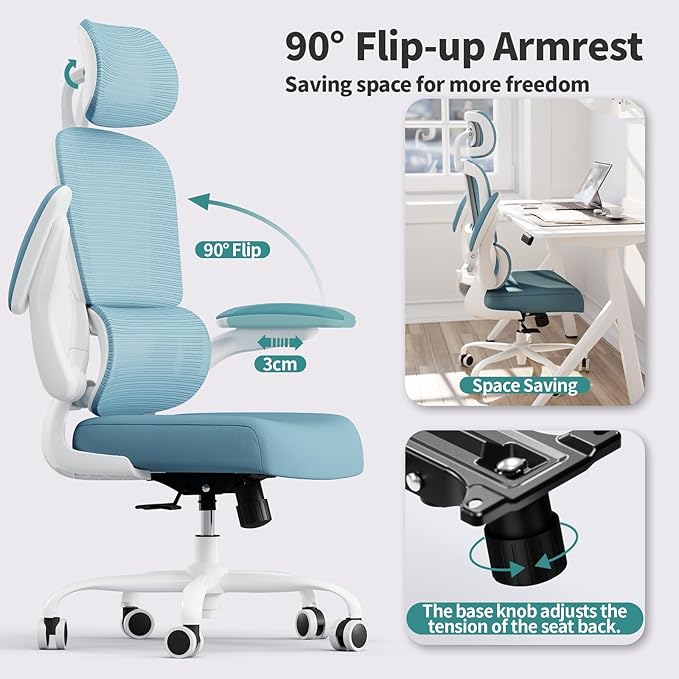 TRALT Office Chair Ergonomic Desk Chair, 330 LBS Home Mesh Office Desk Chairs with Wheels, Comfortable Gaming Chair, High Back Office Chair for Long Hours (Sky Blue)