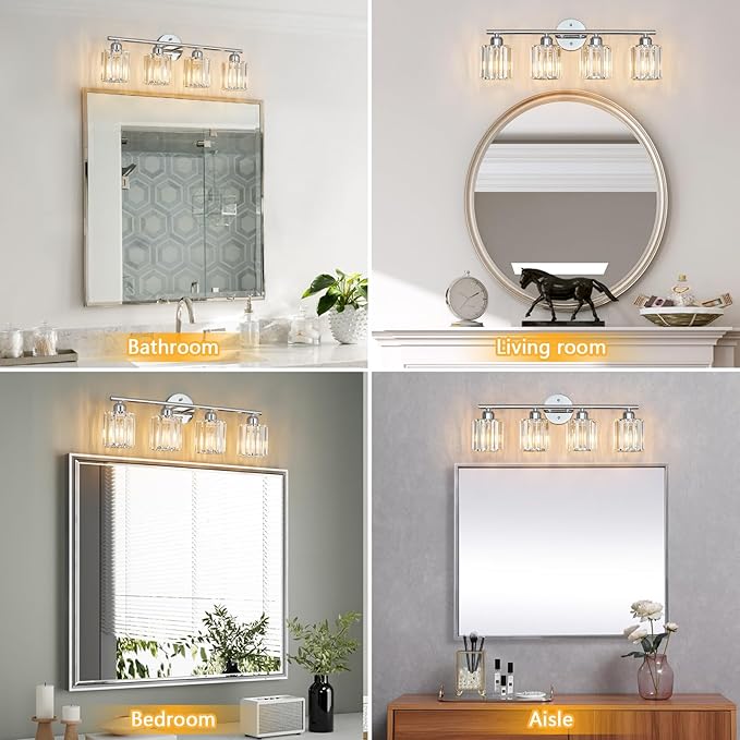 Modern 4 Light Crystal Vanity Light, Chrome Vertical Bathroom Light Fixture Over Mirror for Dressing Table Sink, Compatible with Dimmable Bulbs (Bulbs Not Included)