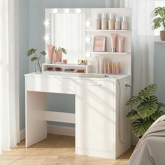 VASAGLE Kailyn Collection - Vanity Desk with Power Outlets and LED Lights, 35.4-Inch Wide Makeup Table with Mirror, Drawer and Cabinet, for Bedroom, Cloud White URDT128WB01V1S