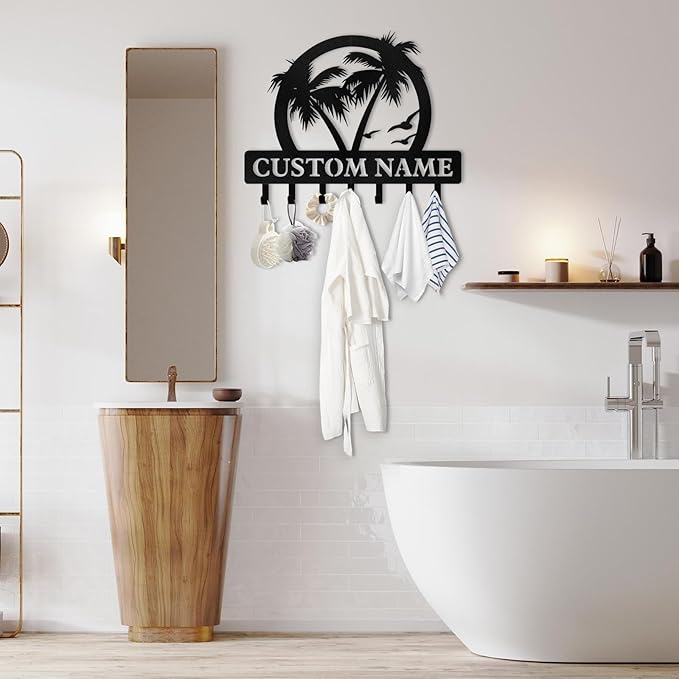 Personalized Key Holder for Wall, Beach Theme Key Holder Wall Mount with Hooks, Coconut Trees Key Hanger Wall Decor for Pool Bathroom Hallway Entryway Office, Customized Home Decor Gifts Color07