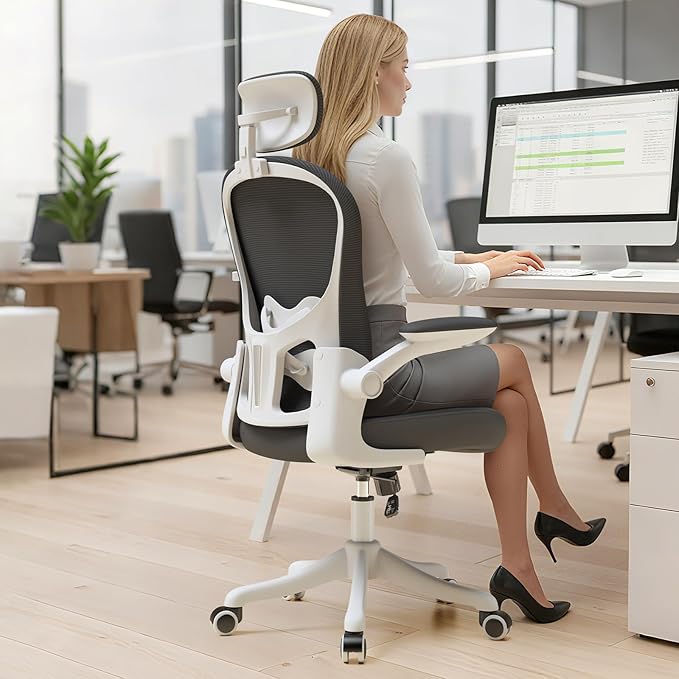 Mesh Office Chair with Adjustable Lumbar Support and Headrest, Ergonomic High Back Task Chair for Home Office, Flip-Up Arms 90-120° Tilt Lock Rolling Swivel Work Chairs (White-Black6065)