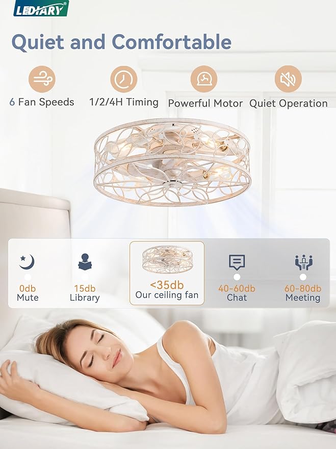 LEDIARY 20 Inch Caged Ceiling Fans with Lights, White Flush Mount Ceiling Fan with Remote, Low Profile Bladeless Ceiling Fan Light Fixture for Bedroom, Kitchen, Dining Room-White Gold Color