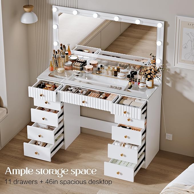 Fluted Makeup Vanity Desk with 46" HD Lighted Mirror,Big Modern Vanity Desk with Mirror and 12 LED Lights, Dressing Table with 11 Drawers, Glass Top for Bedroom,Cream