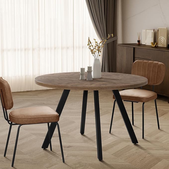 Round Wood Dining Table for 4-6, 47" Mid Century Modern Kitchen Table (Only Table), Brown