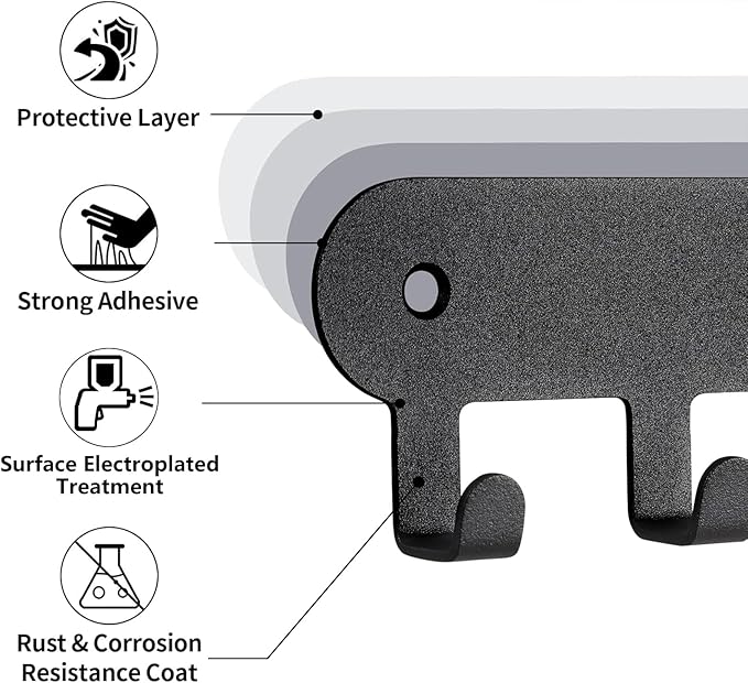 2 Pack Key Holder for Wall,Key Hooks,Key Holder Wall Mount Self Adhesive, Key Rack Wall Mount for Wall No Drill for Living Room, Kitchen, Bathroom, Garage (Black, 6 Hooks)