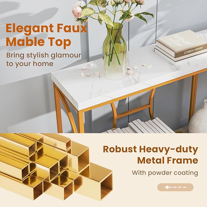 GOFLAME 71” Extra Long Console Table, 2-Tier Faux Marble Entryway Table with Storage Shelf, Geometric Metal Frame, Modern Gold Accent Table, Narrow Sofa Table for Living Room, Hallway