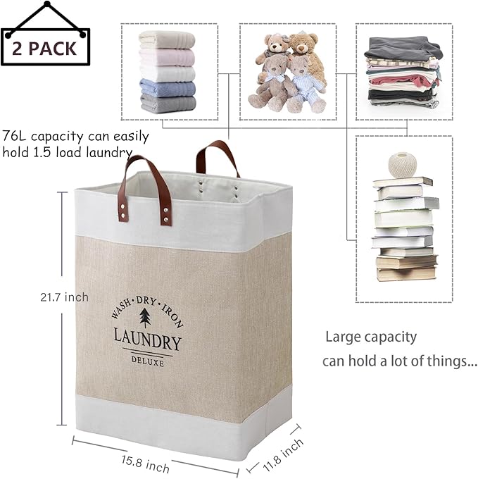 COMFY HOMI 2Pack 76L Laundry Basket & Hamper, Large Collapsible Waterproof Clothes Baskets with Handles, Freestanding Laundry Hampers for Bedroom Bathroom Dorm - 15.8x11.8x21.7 Inch - khaki