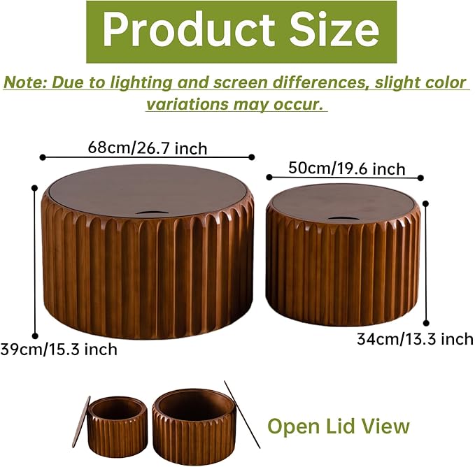 26" Round Nesting Coffee Table Set of 2 with Storage, Modern Round Wood Fluted Coffee Tables with Storage for Living Room Nesting End Table for Small Space (A Walnut)