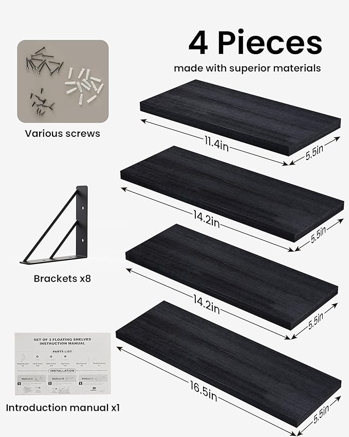 BAYKA Wall Mounted Floating Shelves, Wood Floating Wall Shelf for Books & Decor, Small Space-Saving Display & Organizer（Black，Set of 4）