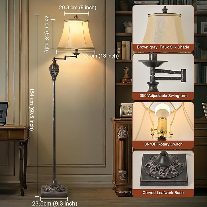 Traditional LED Floor Lamp with 350° Adjustable Swing Arm Lamp – Vintage Standing Pole lamp for Living Room, Bedroom and Office – Rustic Upright Floor Light for Home Décor with Faux Silk Fabric Shade