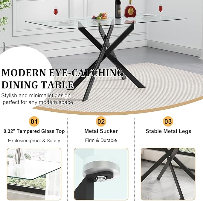 Modern Glass Dining Table Set for 6, Black Glass Kitchen Table and Chairs Set of 6, 7 Piece Dining Room Table Set with 61" Rectangular Metal Glass Dinner Table and 6 White Leather Dining Chairs