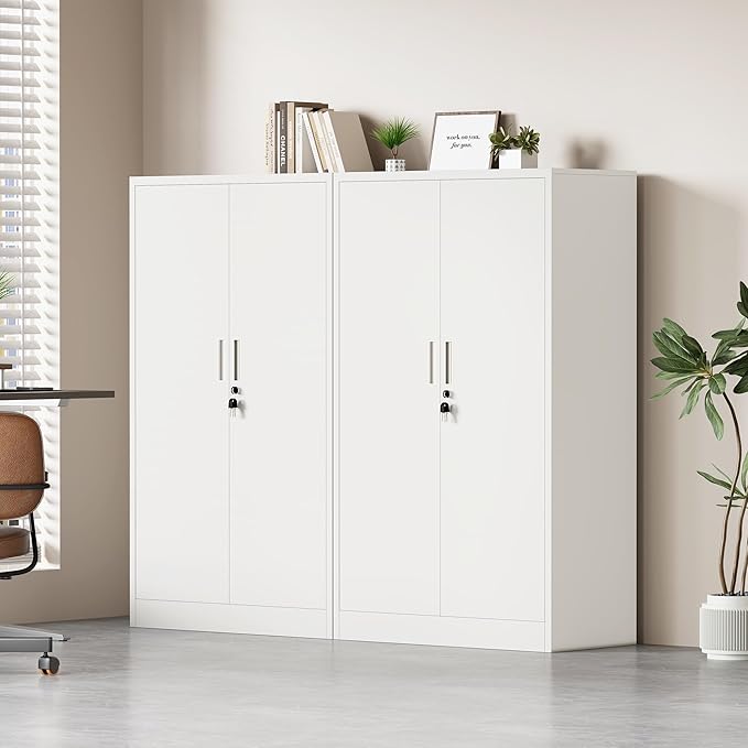 Metal Storage Cabinet with Locking Doors and 3 Adjustable Shelves, Lockable Storage Cabinets for Home Office Garage Kitchen Pantry (White)