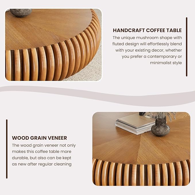 Round Drum Coffee Table for Living Room, Mid Century Modern Coffee Table with Sturdy Pedestal, Farmhouse Fluted Circle Center Table Accent Tea Table for Apartment (Large Brown)