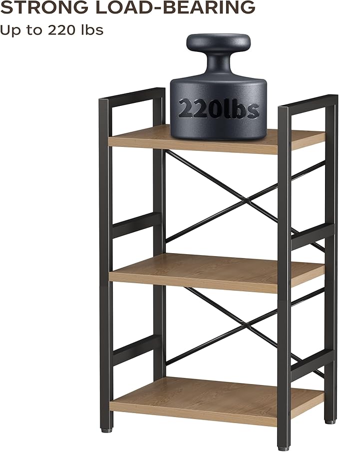 Homeiju Bookshelf, 3 Tier Industrial Bookcase, Metal Small Bookcase, Rustic Etagere Book Shelf Storage Organizer for Living Room, Bedroom, and Home Office(Light Coffee) Patent Pending D29873033