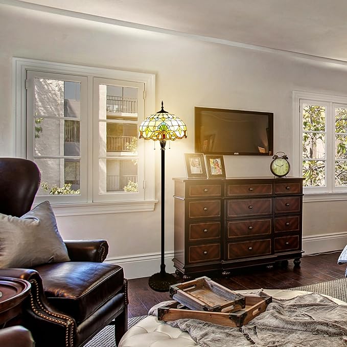 Tiffany Floor Lamp 3 Lights Baroque Stained Glass Standing Reading Light Antique Pole Corner Lamp for Living Room Bedroom Home Office,15.74 inch