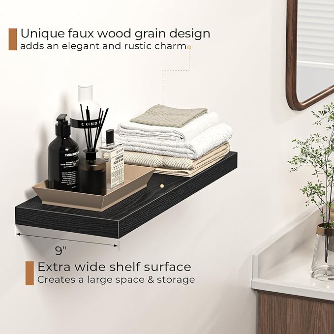 Fun Memories Floating Shelves - 2 Pack 9 Inch Rustic Wooden Wall Shelves - Extra Deeper & Thicker Wall Mounted Storage Shelf for Living Room, Kitchen, Farmhouse - 24" W x 9" D x 1.6" H - Rustic Black