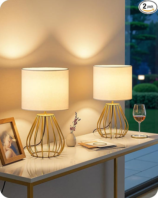 Gold Table Lamp Set of 2, Small Bedside Lamp with Gold Metal Base & White Linen Lampshade, Modern Nightstand Lamp, Little Cute Desk Lamp for Bedroom, 2700K LED Bulb Included DCW06TLP205