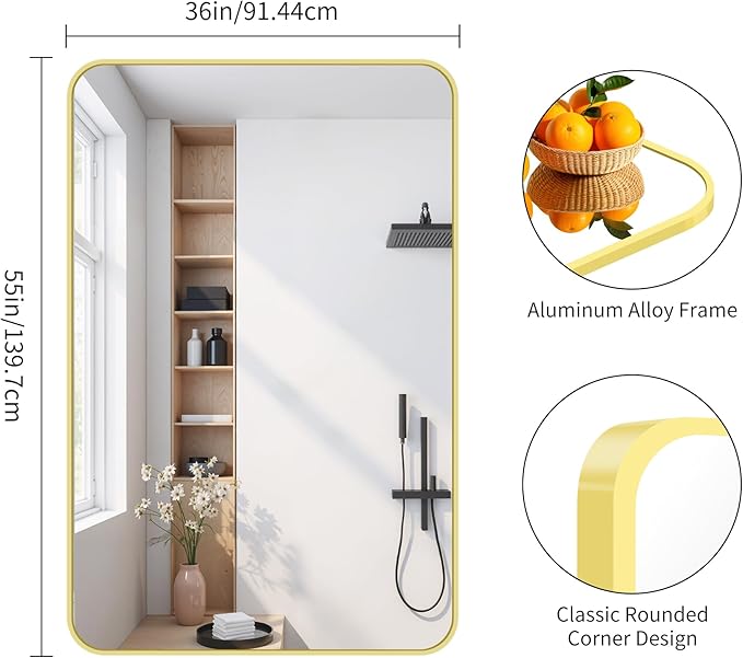 FORBATH 55x36 Inch Gold Bathroom Mirror for Over Sink, Large and Wide Rectangular Wall Mirror with Metal Frame, Rounded Corners for Bathroom, Bedroom, Entryway Decor (Horizontal or Vertical)