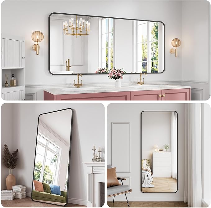 Koonmi Bathroom Mirror, 32X72 Brushed Black Rectangle Wall Mirror, HD Tempered Glass, Anti-Rust Frame Vanity Mirror, Rounded Rectangle Mirror for Restroom, Bedroom, Hangs Horizontal or Vertical