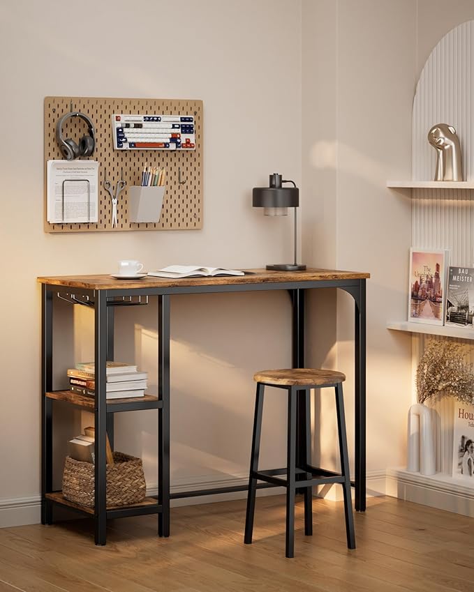 3-Piece Bar Table Set for 2, Bar Height Table with Stools & 2 Storage Shelves, Small Bar Table Set with Glass Rack, Small Kitchen Table for Dining Room, Living Room, Rustic Brown