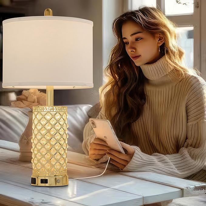 Crystal Table Lamp Set of 2-24in Gold Bedroom Lamps 3-Way Dimmable Touch Lamp with Night Light, 2 USB Ports + AC Outlet Bedside Night Stand Lamp for Living Room (Gold-2 Pack 24In)
