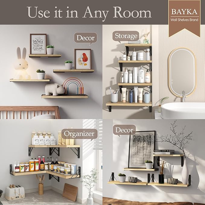 BAYKA Shelves for Bedroom Decor, Floating Wall Shelf for Living Room Kitchen Storage, Wall Mounted Rustic Shelves for Kids Books, Corner Shelf for Bathroom(Carbonized Brown,Set of 4)