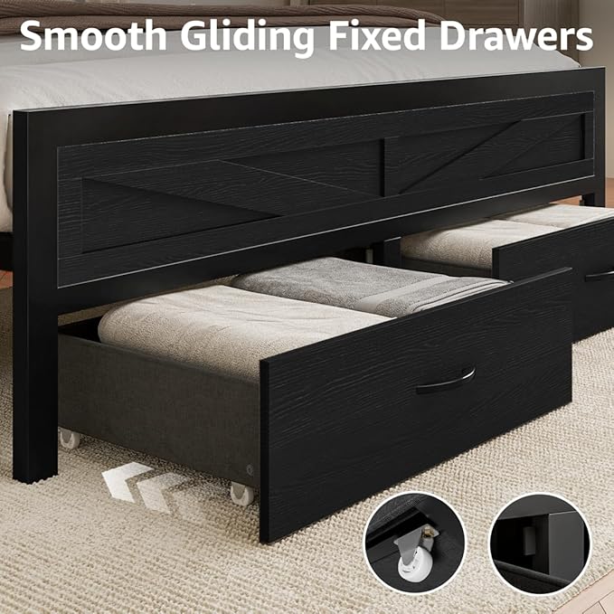 Rustic Full Size Bed Frame with Storage Drawers and Barn Door Headboard, Farmhouse LED Bed Frame Full with Charging Station, Metal Industrial Platform Bed Frames, No Box Spring Needed, Black