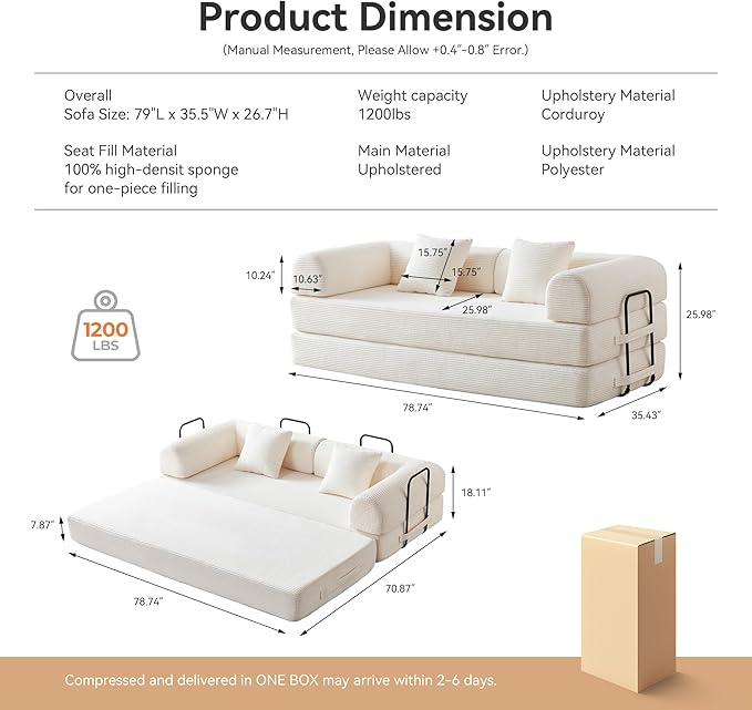 Convertible Folding Mattress Couch, 5-in-1 Futon Sofa with Armrests, Sleeper Mattress Sofa Bed Comfy Fold Out Bed for Living Room, Bedroom, Lounge,Guest, Office (Beige White)