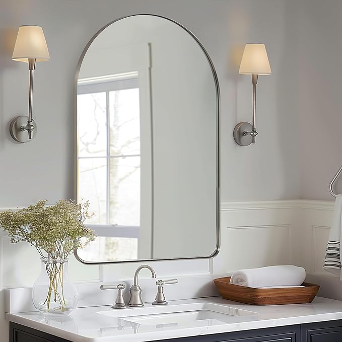 ANDY STAR Arched Mirror, 22" x 35" Brushed Nickle Bathroom Mirror in Stainless Steel Metal Frame, Arch Top Rounded Corner 1" Deep Set Design Wall Mount Hangs Vertical