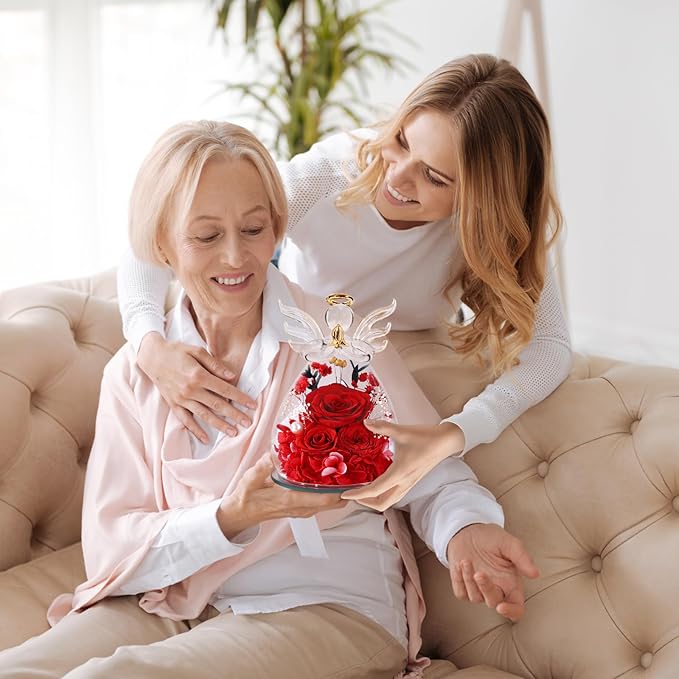 Birthday Gifts for Women Mom Preserved Roses in Glass Angel Figurines Fresh Flowers for Delivery Forever Flowers Eternal Rose Christmas for Grandma Sister Wife Her from Daughter