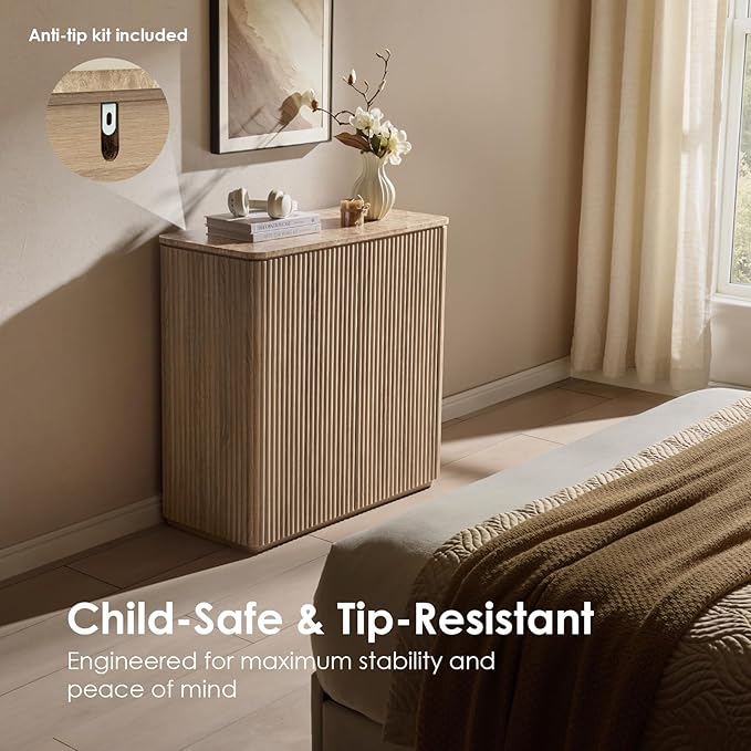 Fluted 2 Doors Sideboard Cabinet with Storage-Wooden Credenza w/Shelves, Faux Marble-Top Coffee Bar Console Table, Modern Buffet Cabinet for Dining, Kitchen, Living Room, Entryway, Natural Oak, 3pcs