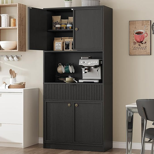 IDEALHOUSE Tall Storage Cabinet, 70" Kitchen Pantry Cabinet with Doors, Fluted Kitchen Hutch Cupboard with Microwave Shelf & Drawer, Freestanding Cupboard for Dining Room, Living Room, Black