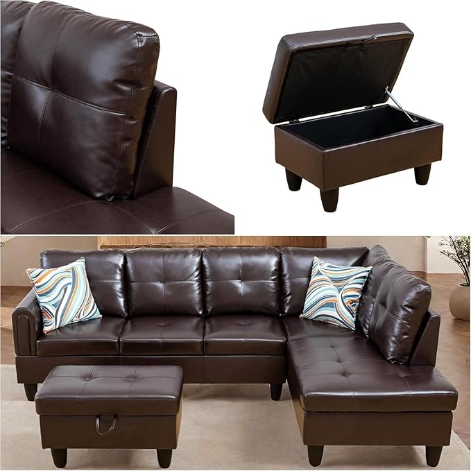 108-Inch Modular L-Shaped Sectional Sofa with Deep Seat, Modern L Shaped Cloud Couch with Chaise, Upholstered Couches for Living Room, Bedroom, Office, No Assembly Require (Leather)