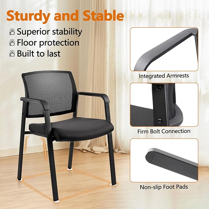CLATINA Mesh Back Stacking Arm Chairs with Upholstered Fabric Seat and Ergonomic Lumber Support for Office School Church Guest Reception Black 4 Pack Set New Version