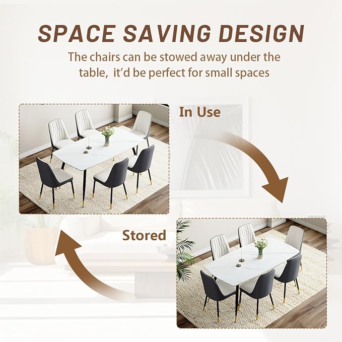 7 Piece Modern Dining Set, 62'' Sintered Stone Dinner Table for 6, 6 Chairs, Easy to Assemble